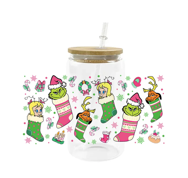 Grinch christmas stocking 16 oz glass cup