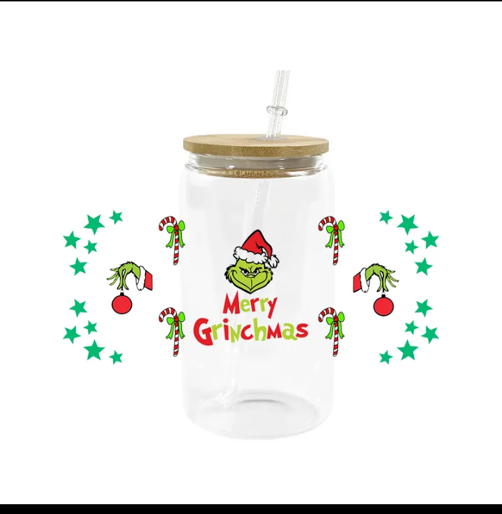 Merry Grinchmas with candy canes 16 oz glass cup