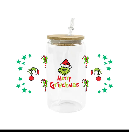 Merry Grinchmas with candy canes 16 oz glass cup