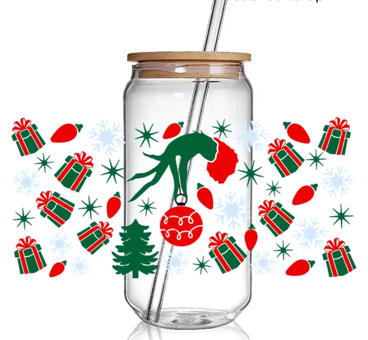 Grinch with ornaments and presents 16oz glass cup