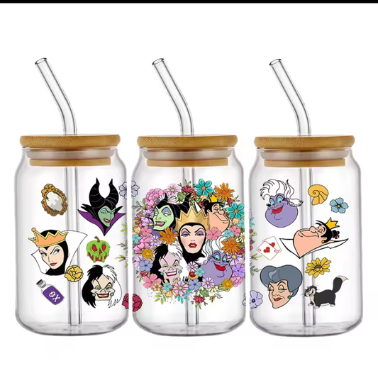Disney villains surrounded by flowers 16 oz glass cup