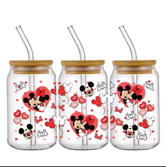 Mickey and Minnie Valentine's 16 oz glass cup