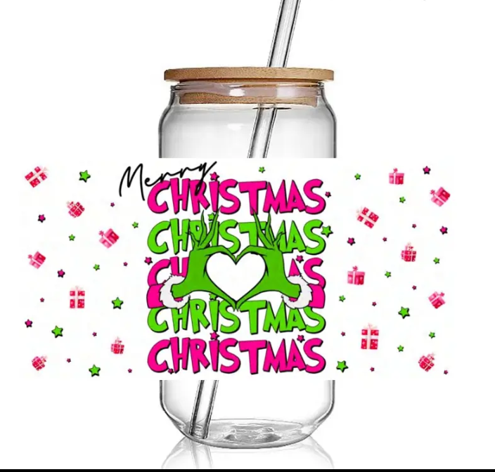 Merry Christmas Grinch heart 16oz glass cup