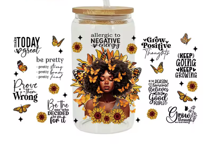 Black girl magic with sunflowers and butterflies 16 oz glass cup