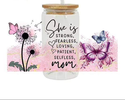 Mother's Day with purple butterflies 16 oz glass cup