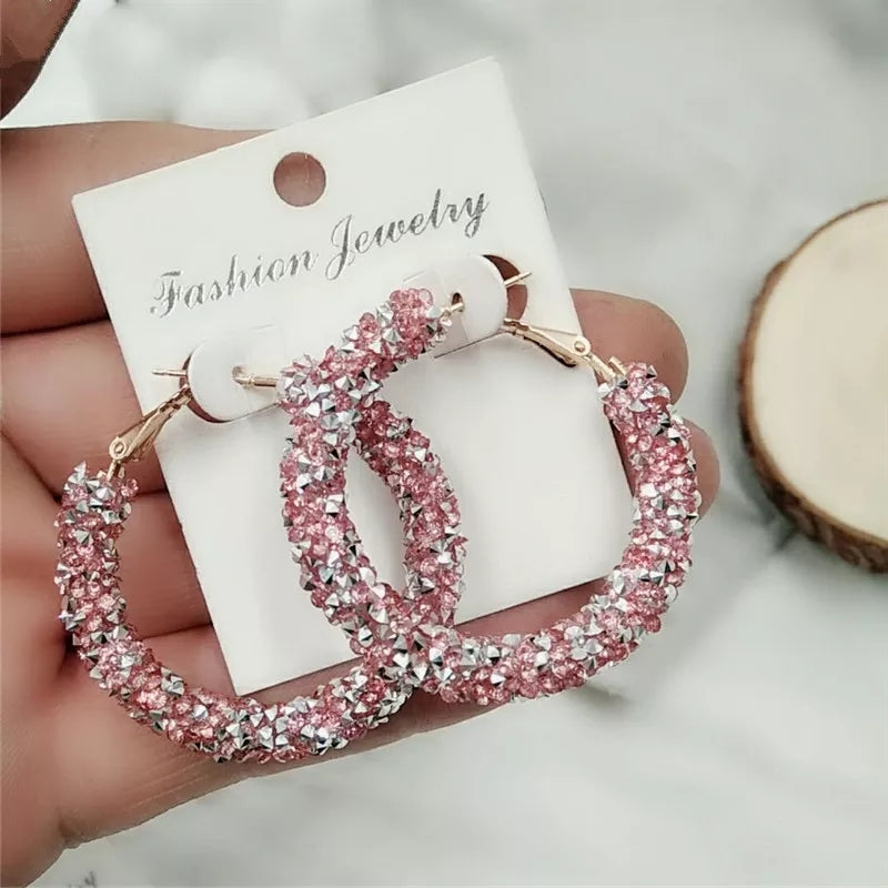 Pink medium rhinestone hoop earrings