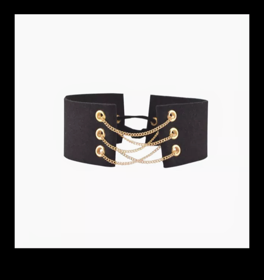 Black Velvet Leather Tie-up Gold Choker