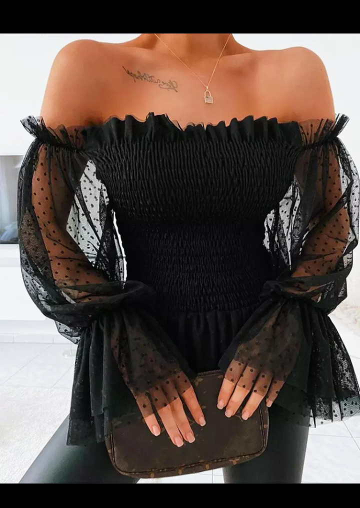 Black Shoulder Mesh Flare Sleeve Shirt